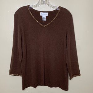 CHADWICKS Sweater Brown ANGORA Blend V-Neck Beaded Sequin Popover Large